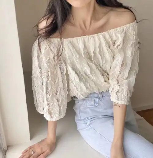 衬衫bluepops一字春夏锁骨衬衣超仙洋气蕾丝时尚衬衫