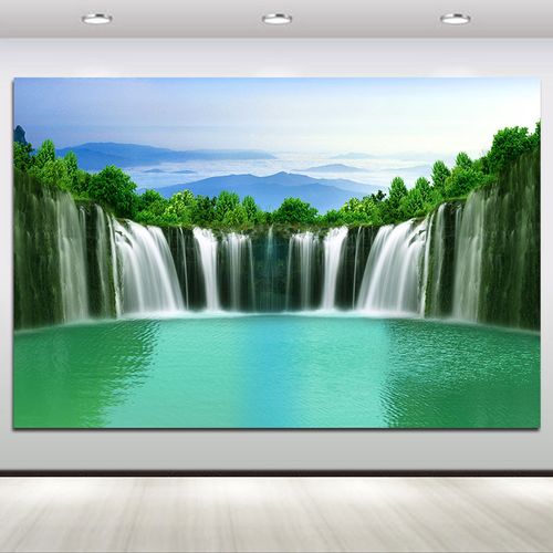 高山流水壁画聚宝盆山水风景画瀑布青山绿水客厅办公招财装饰挂画