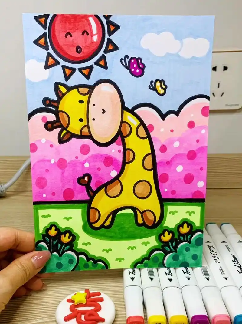 长颈鹿图片马克笔手绘卡通儿童画附色号