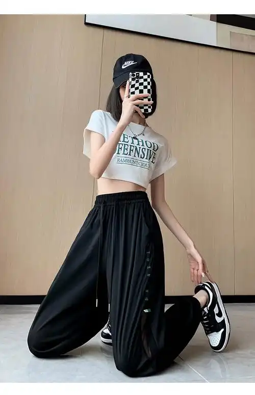 冰丝速干裤女款夏季薄款宽松束脚运动裤网纱拼接高腰显瘦哈伦裤子