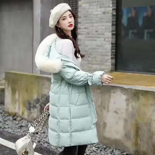 羽绒服女2021新款修身收腰白鸭绒大毛领保暖外套潮中长款时尚冬装