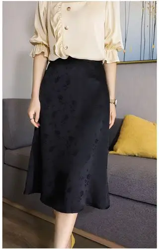 2021新款 黑色真丝提花缎半身裙女夏腰松紧大裙摆桑蚕丝伞裙裙子女装>