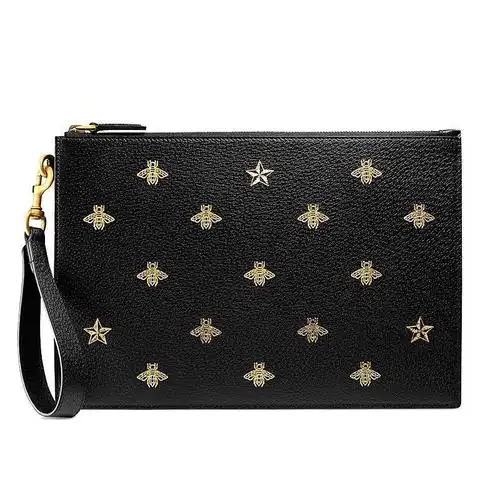 海外直邮gucci古驰男包牛皮蜜蜂星星印花黑色男士手拿包情侣款495066