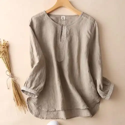 捡漏特价~大牌剪标女装大码复古刺绣亚麻上衣宽松七分袖衬衫