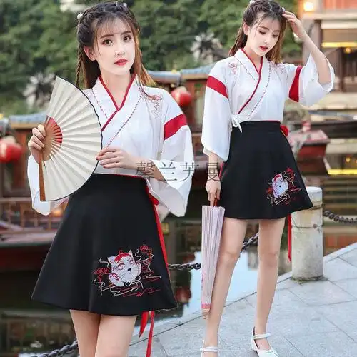 汉服马面裙全套短款改良夏季古装套装灵猫刺绣学生襦裙短裙舞台 黑色