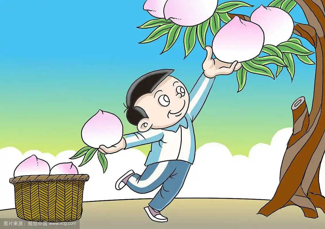 插画劳动场面摘桃子