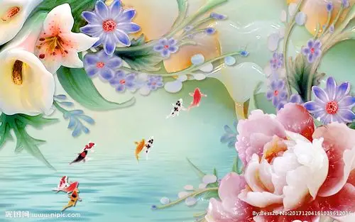 3d九鱼图电视背景墙图片