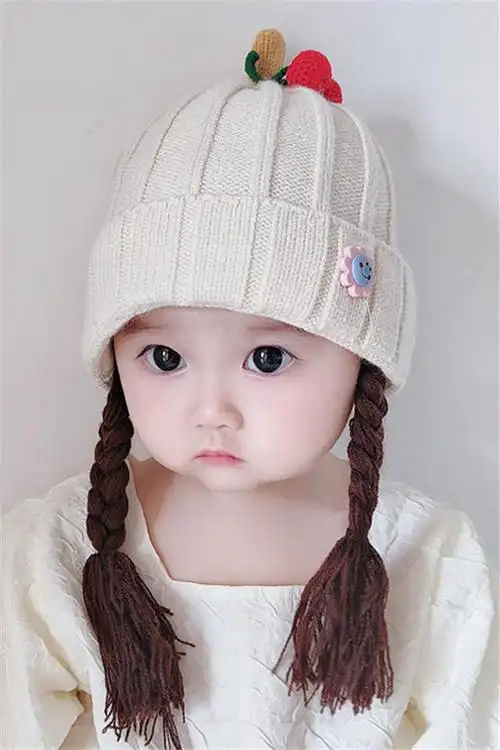 婴儿帽子秋冬季女宝宝公主网红假发辫子可爱超萌加厚毛线韩版潮