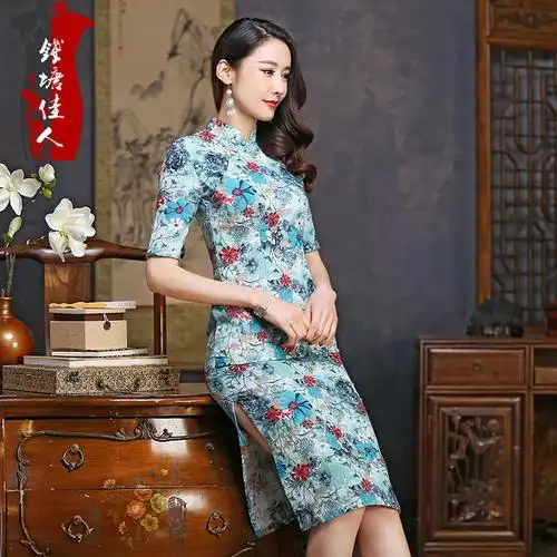 钱塘佳人旗袍长款显瘦修身棉麻混纺舒适短袖改良旗袍连衣裙时尚