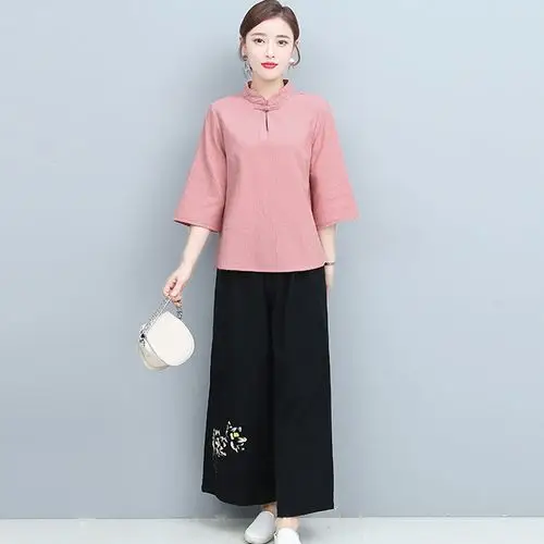 大码女装春夏季民族中国风套装复古中式棉麻茶服上衣阔腿裤两件套