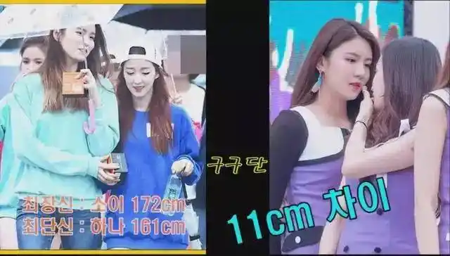 磪有情:157cm 身高差:16cm 少女时代 秀英:172cm sunny:158cm 身高差