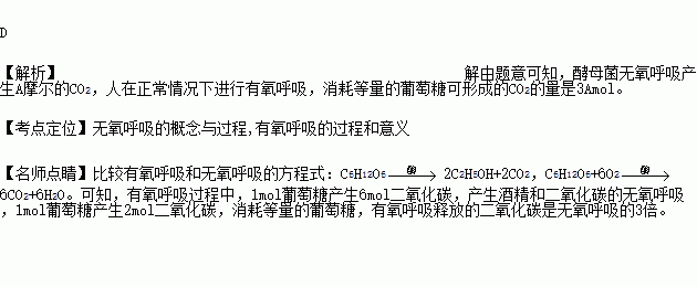 酵母菌无氧呼吸产生a摩尔的co2.人在正常情况下消耗等量的葡萄糖.