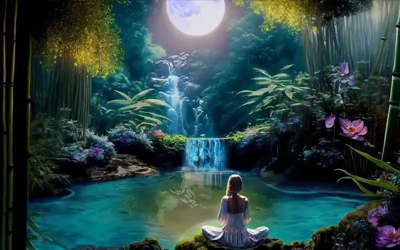 m220 4k画质梦幻瀑布明月亮荷花盛开绿色竹子二次元动态壁纸古风中国
