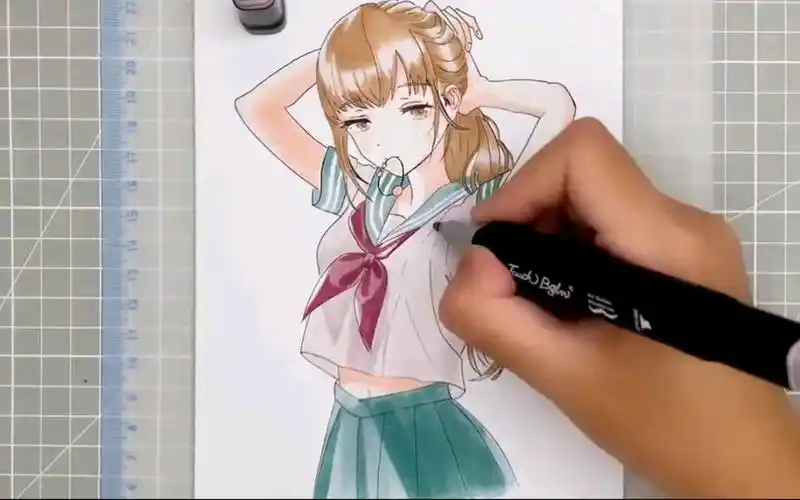 【手绘】动漫人物绘制,水手服美少女,勾线和马克笔绘制