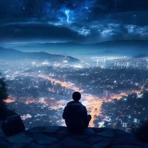 深夜男人山顶独自面对城市喧嚣灯火男生背影头像 ai孤独感星空下失恋