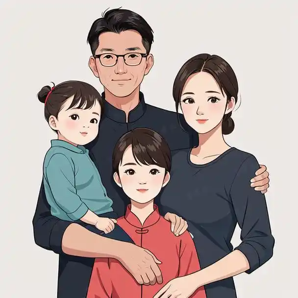 亲子头像|四口之家两个女儿手绘创意头像