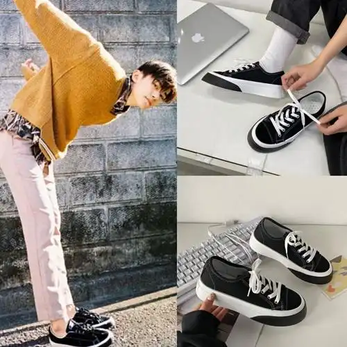 常步易烊千玺同款黑色复古鞋子低帮板鞋街拍ins百搭帆布滑板鞋女