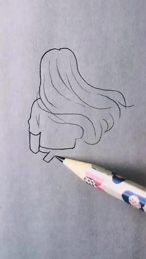 长发飘动的女孩背影简笔画.