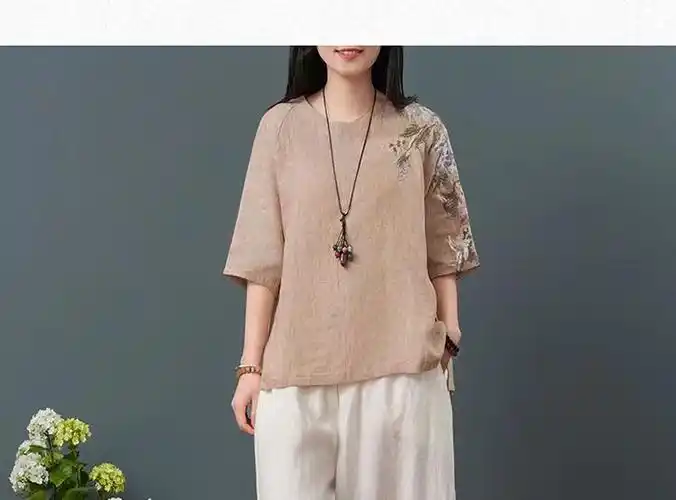 棉麻上衣女新款刺绣文艺短款夏季女装复古中国风民族风t恤 - 17网