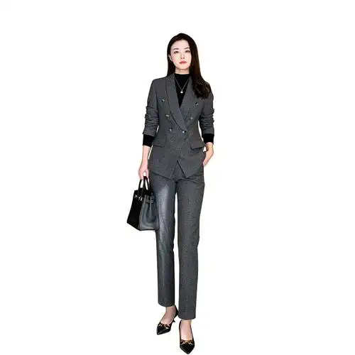 加厚羊毛呢深灰色西装西服两件套女冬季套装职业修身新款商务正装