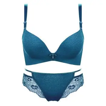 美背少女内衣文胸无钢圈a套装聚拢小胸学生高中生深v性感胸罩 孔雀蓝