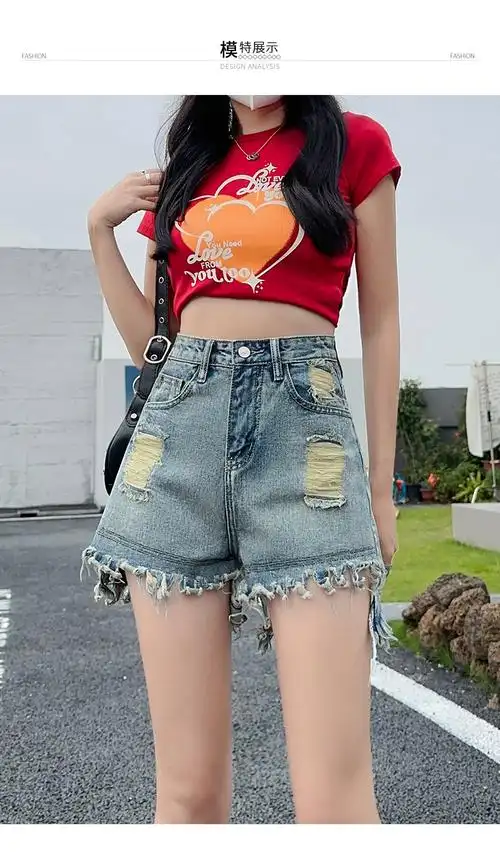女士牛仔短裤夏季复古破洞高腰宽松毛边阔腿a字裤子外穿2024新款 - 17