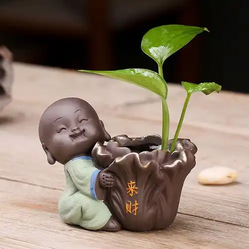 小和尚花器-八方来财 创意水培可爱紫砂小和尚茶宠摆件插花水养桌面茶