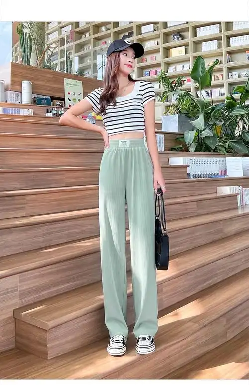 抖音黑标品质小个子冰丝阔腿裤女夏薄款高腰宽松垂感窄版直筒裤子