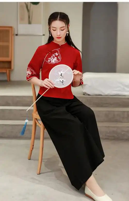 革芬民国风复古红色唐装女中医馆茶楼居士服禅意棉麻茶艺服采耳工作服