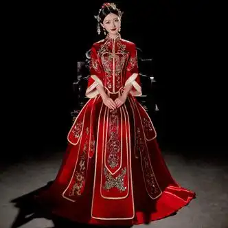 年夏季新款结婚秀禾修身龙凤褂情侣中式婚纱 红色2033七分袖无头shi饰