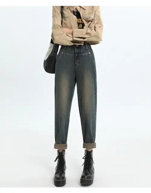 水泥灰高腰哈伦牛仔裤女2023年新款秋冬宽松显瘦小个子九分老爹裤