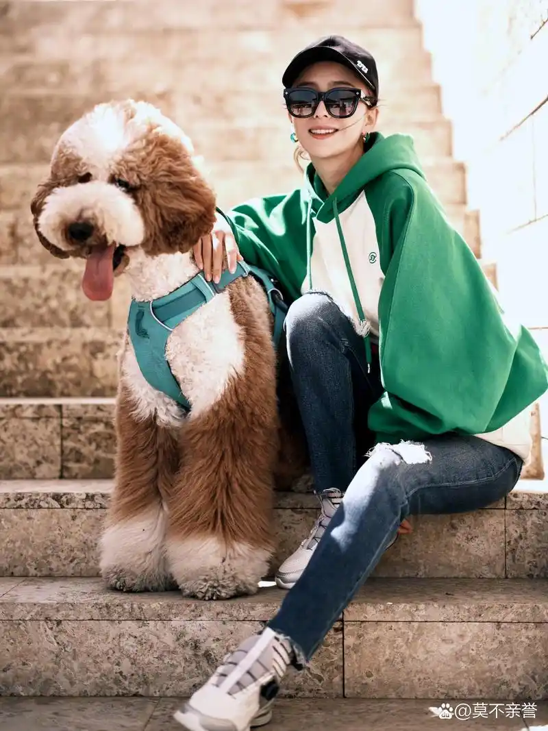 佟丽娅 宽松的绿白撞色连帽卫衣穿搭紧身蓝色破洞牛仔裤#明星生图大赏