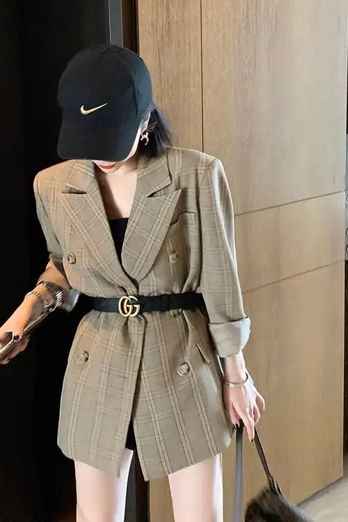 韩版时尚秋季新款薄款网红格子长袖小西服气质英伦风小西装外套女