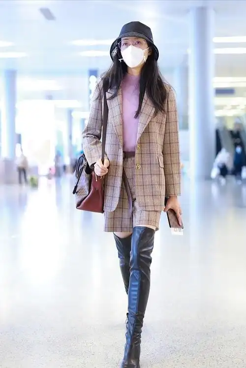 韩雪真是衣架子格纹短裤套装配紫打底洋气170穿长靴模特范