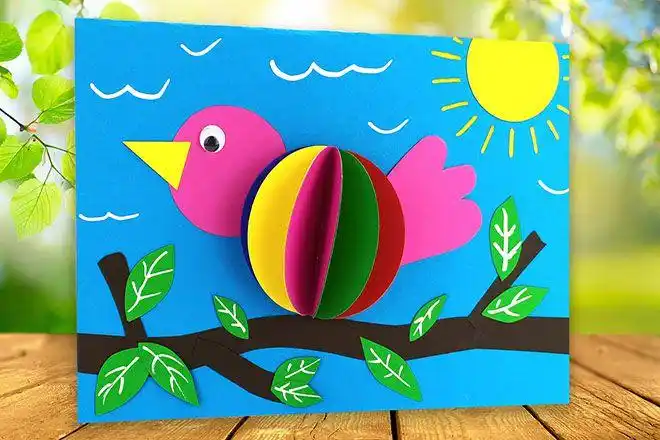 卡纸做春天手工:立体小鸟拼贴画(步骤图解)