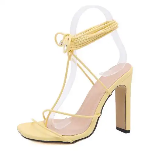 2020欧美夹趾高跟鞋方头方跟罗马绑带简约系带凉鞋