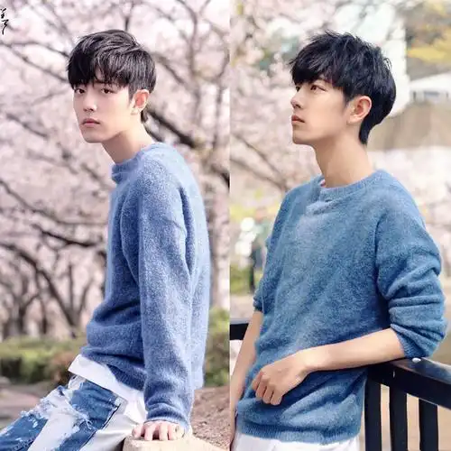 肖战同款蓝色毛衣男套头圆领宽松慵懒风针织装秋冬衣服毛衫外套