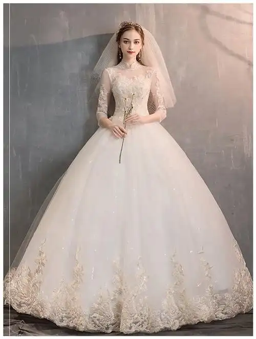 轻婚纱礼服2020新款气质拖尾新娘一字肩长袖显瘦齐地森系主纱秋冬