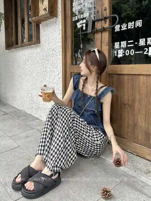 原版宽松慵懒风粉色格子休闲裤女装夏季山本阔腿裤薄款遛弯裤裤子