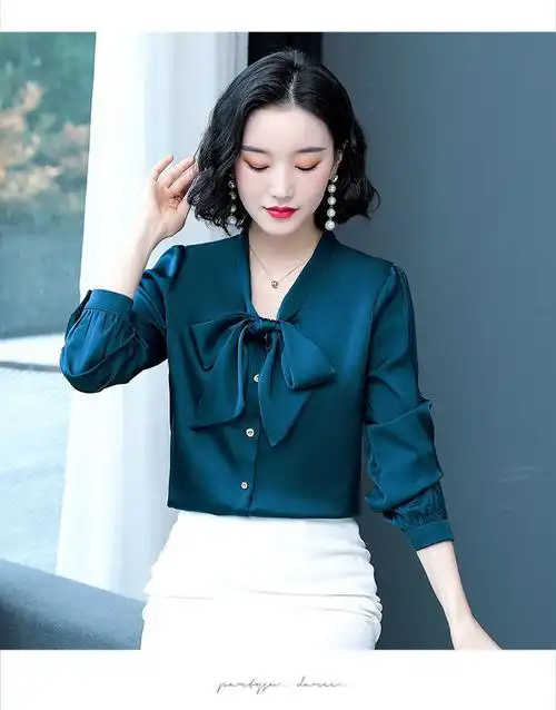 新款时尚洋气蝴蝶结领丝上衣小衫女士超仙气质寸杉女式减龄内衬衣小衫