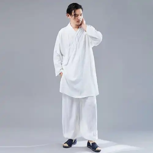 2020秋季新品亚麻纯色道服跆拳道长袖训练服宽松休闲套装男太极服