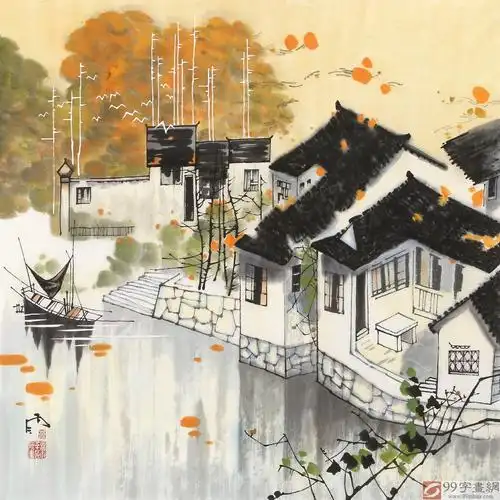 苗雨 四尺斗方江南风景画《水乡之秋》 - 写意山水画 - 99字画网