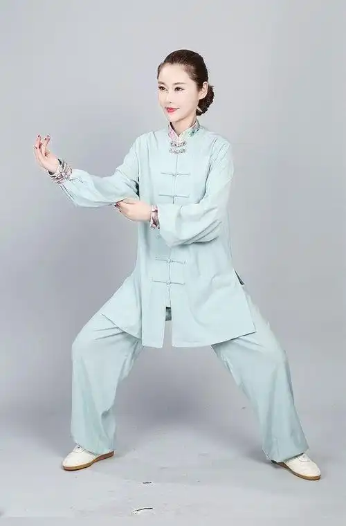 太极服女春秋棉麻长袖琵琶扣中长中老年练功服装中国风新款粉红色s