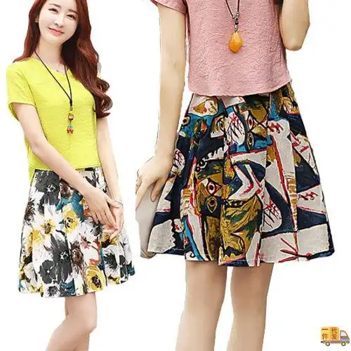 仿麻棉印花短裙 粗布裙子女夏修身显瘦半松紧腰a型裙子蓝依凝