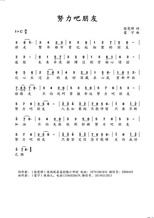 《努力吧朋友》张党辉作词 雷宁作曲 ,原创歌曲简谱,通俗歌曲,国语