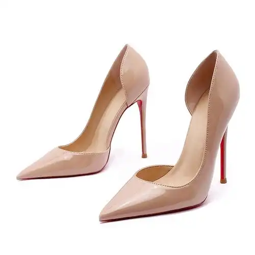 裸色高跟鞋2023夏季新款女侧空尖头细跟浅口12cm漆皮大码红底单鞋