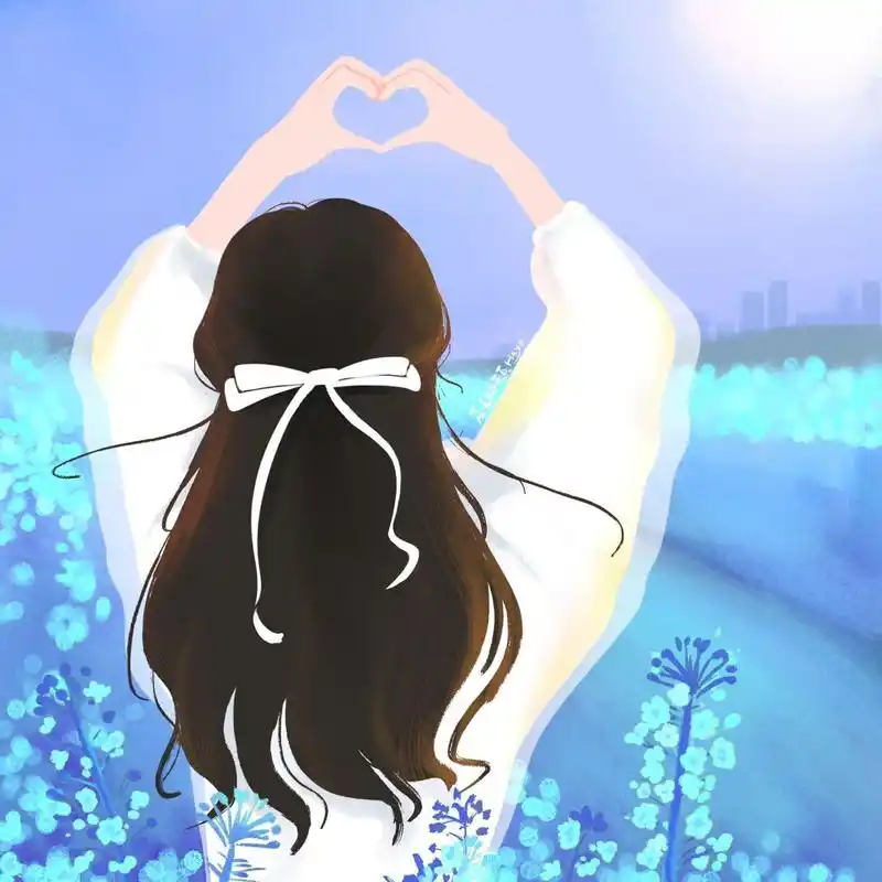 插画头像 | 夕阳下比心的女生头像 花田里,我心向阳~ 背景多种配色供