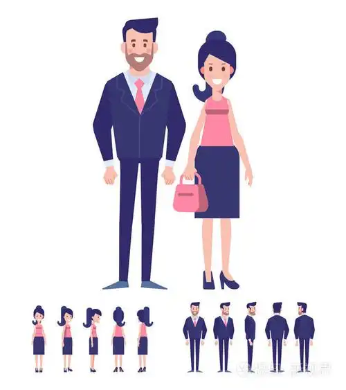 正面, 侧面, 背面看动画人物-男女情侣.卡通风格, 平面矢量人物插画