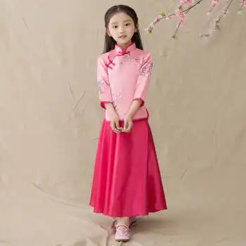 儿童小姐装学生套装中式古筝演出服中国风女童修身古装 桃红色缎面
