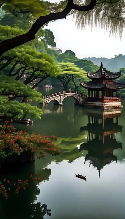 西湖美景!夏日杭州西湖,风景如画,清澈湖面映衬古民居,石拱桥 - 抖音